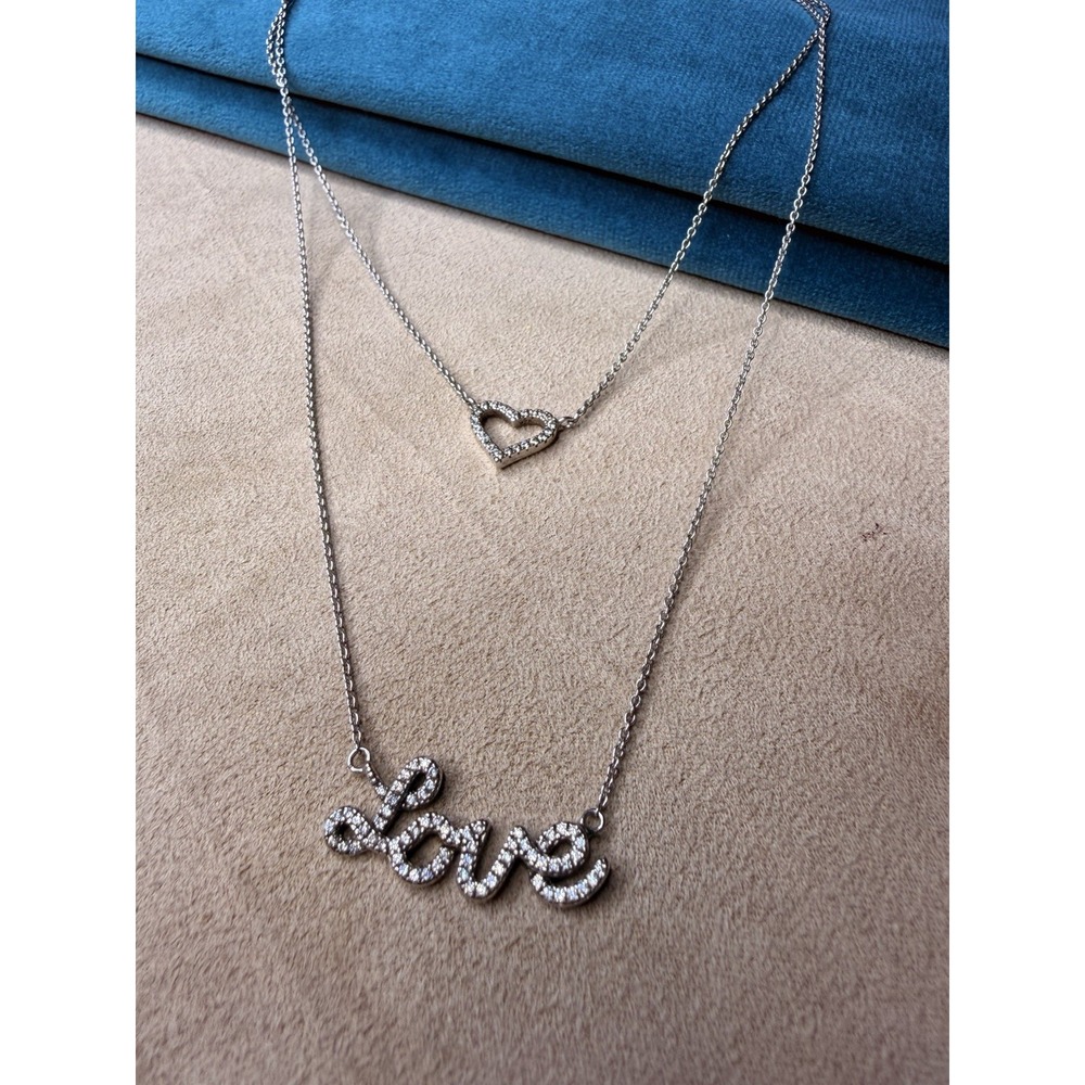 925 Sterling Silver Layered Heart & Script Love CZ Pendant Necklace